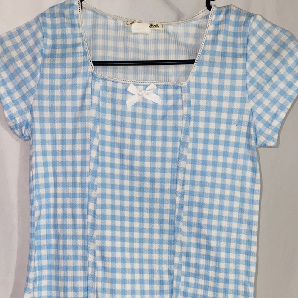 Dreamgirl Light Blue & White Gingham Square Neck Top with Bow